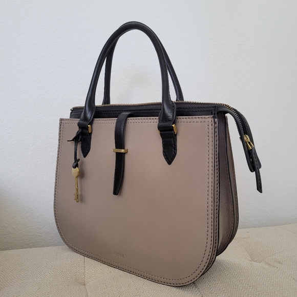 FOSSIL RYDER TOP HANDLE SATCHEL HANDBAG LEATHER TAUPE BLACK - Picture 2 of 9